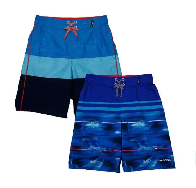 Gerry Youth Boy's 2 Pack Swim Short UPF50+ Swim Trunks, BLUE - BLUE, Small 7/8